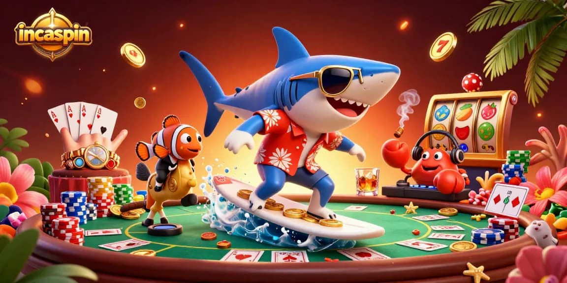 Spin for gold at IncaSpin Casino with a vibrant 3D scene of characters and poker elements.