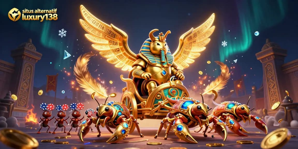 Engage with situs alternatif luxury138 through captivating visual art, featuring a golden scarab beetle and casino elements.