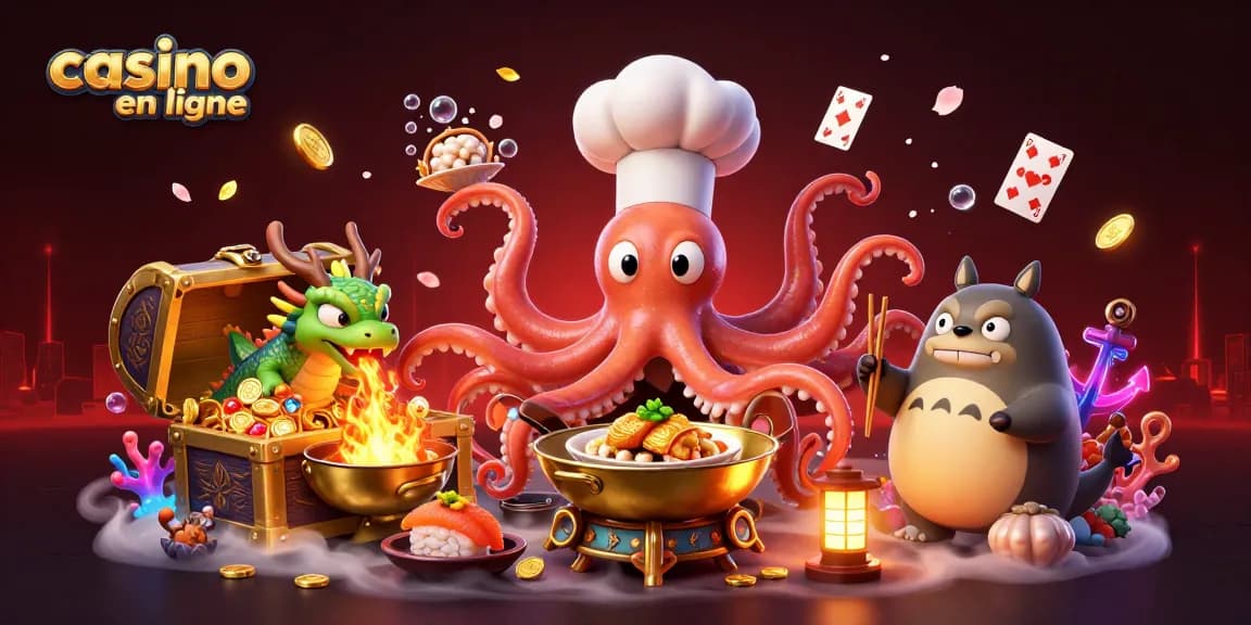 Découvrez l'excitation du casino en ligne alors qu'un chef pieuvre 3D prépare des plats dorés au milieu de gems et de bioluminescence.