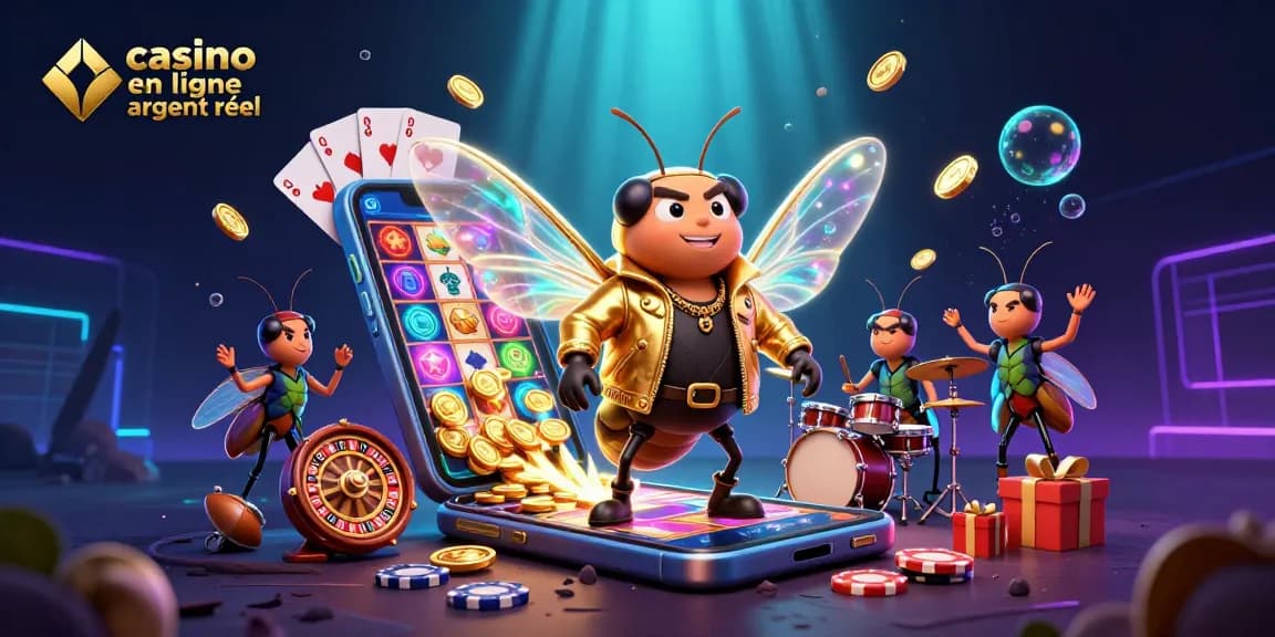 Jouer sur un casino en ligne argent réel avec une illustration colorée et dynamique d'une scène de jeu.