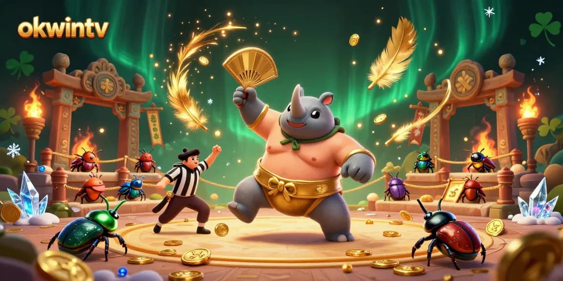 Bet on exciting matches with okwintv, featuring a 3D beetle sumo champion in a chaotic arena.