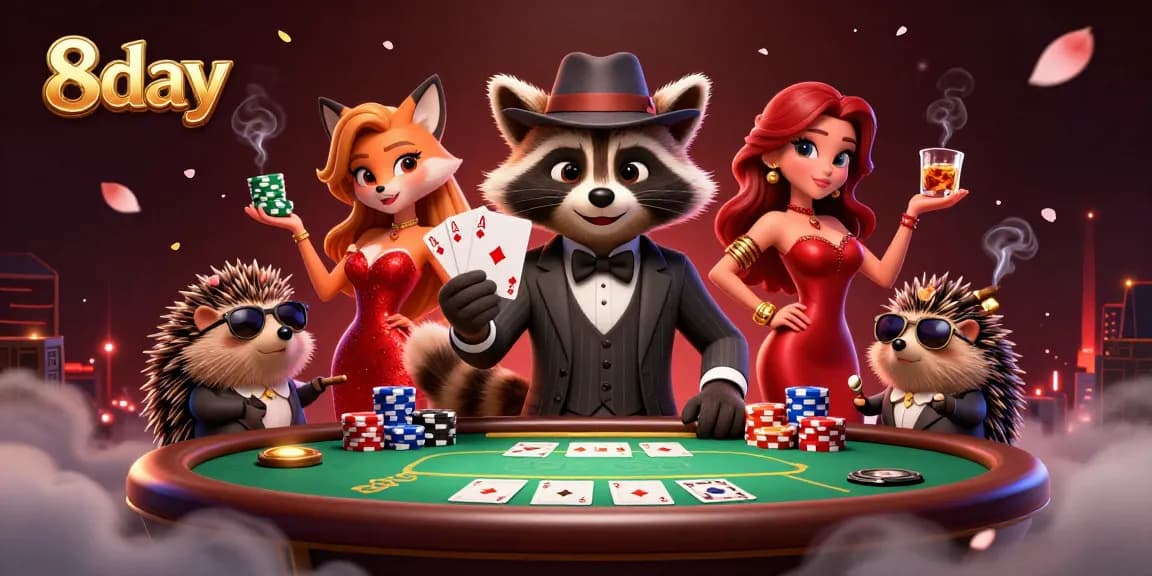 Experience thrilling poker action with 8day's characters as they celebrate a winning royal flush hand.