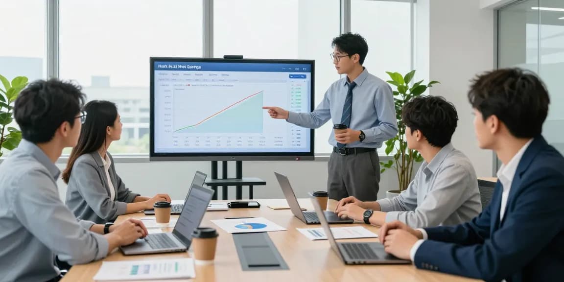 Business professionals analyzing data on business electricity half hourly meter usage in a bright conference room.