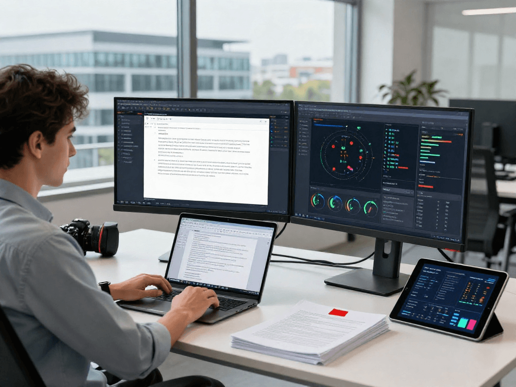 Expert analyzing document fraud detection metrics on dual monitors in a technology workspace.