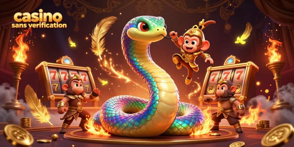 Joignez-vous à l'excitation des jeux dans un casino sans vérification avec une scène colorée remplie de personnages mythiques et d'éléments de jeu.