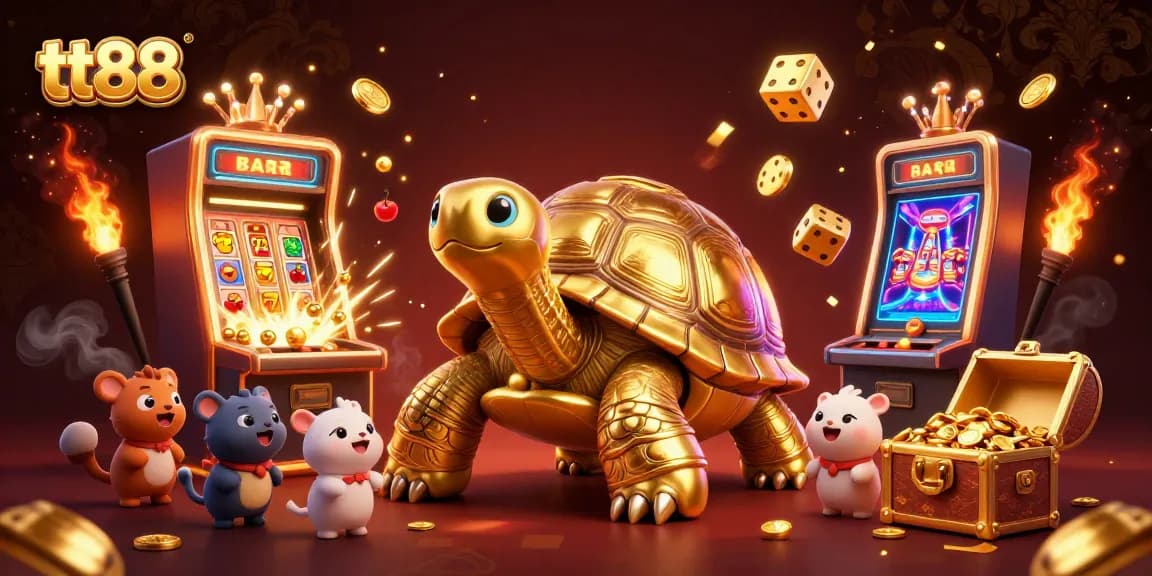 Engage with thrilling games at tt88, featuring a golden tortoise pinball machine surrounded by casino action.