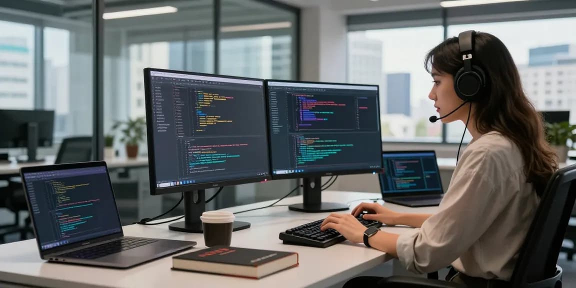 Developer coding with vibrant screens and city view, featuring 纸飞机中文版 integration.