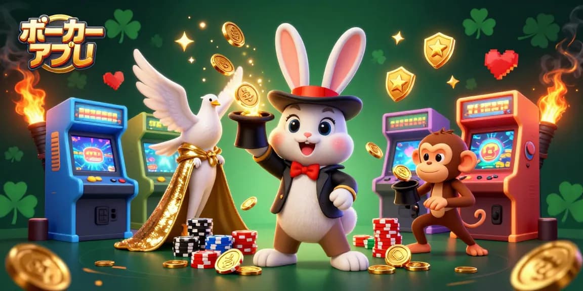 ポーカーアプリで遊ぶ楽しさを示す、活気あるマジックアニメーションシーン