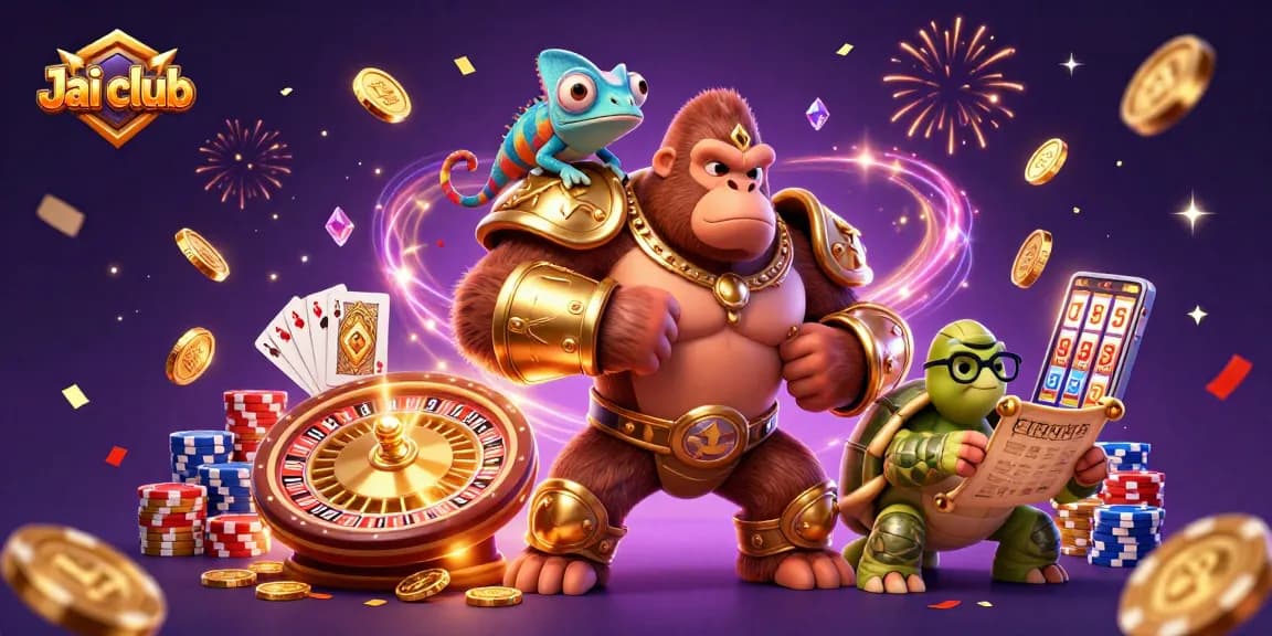 Engage with Jai club's exciting games featuring a gorilla king, chameleon companion, and tortoise elder amidst dazzling casino elements.