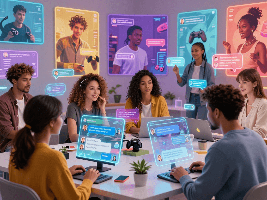 AI sluts engaging in vibrant digital chats with personalized avatars in a futuristic online community.