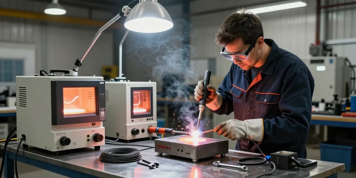 Technician using an induction heater to weld metal components safely in a modern industrial workshop.