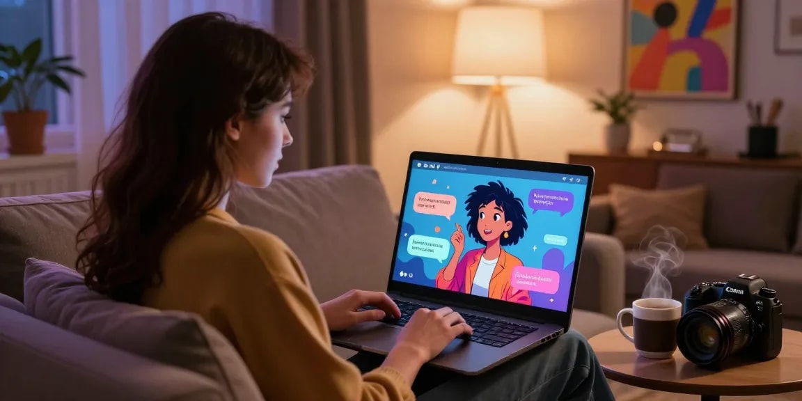 Engaging with an AI NSFW chat on a laptop in a cozy environment.
