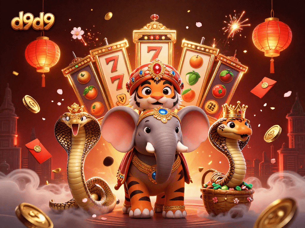 Manood ng d9d9 na slot games kasama ang tigre, elepante, at cobra sa makulay na eksena.
