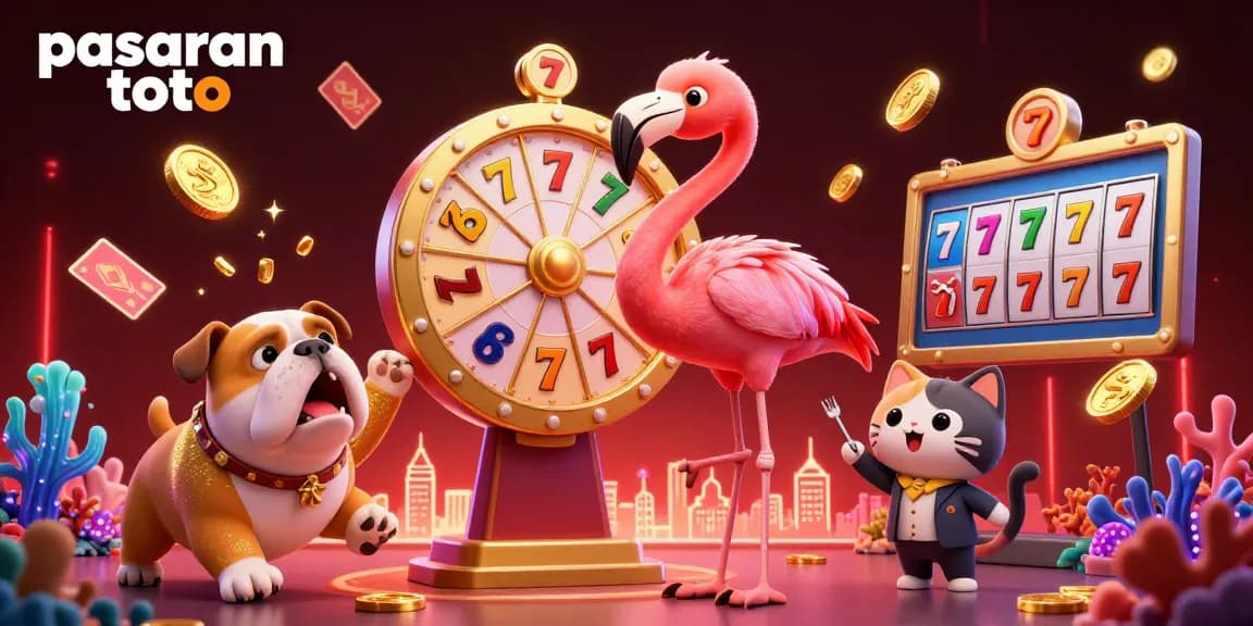 Experience exciting gameplay with pasaran toto in this vibrant 3D casino illustration featuring slots and prizes.