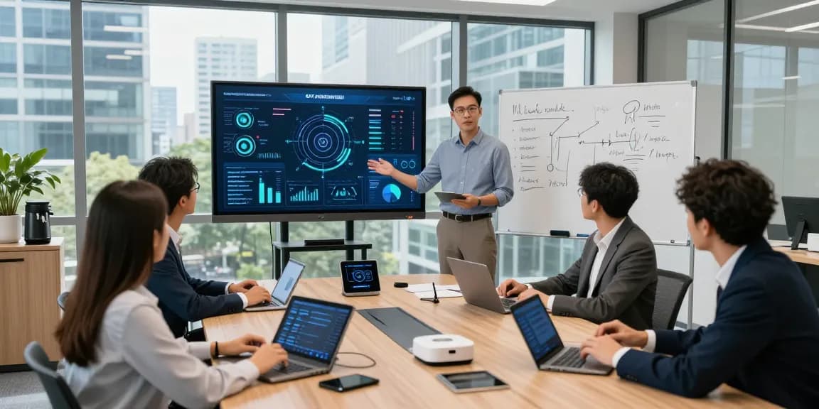 Use of IoT in business demonstrated through a team collaborating in a modern office space, showcasing smart devices and data analytics.