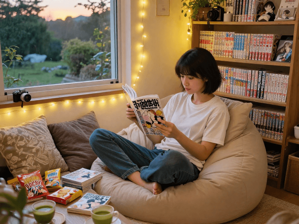 A manga reader enjoying Free Hitomi Manga Raw in a cozy nook filled with colorful manga and snacks.
