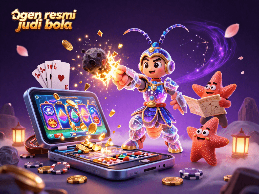 A dynamic depiction of agen resmi judi bola with characters engaging in sports betting activities, surrounded by vibrant gaming elements.