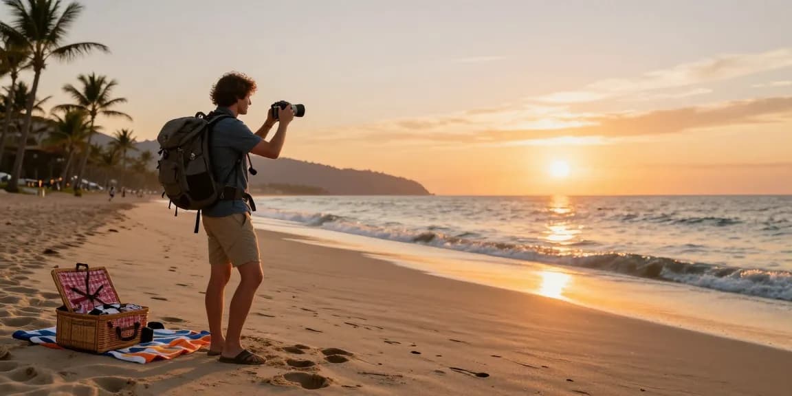 Capture of a traveler enjoying sunset beach views, click here for breathtaking travel experiences.