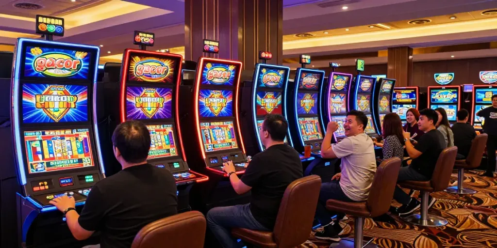 Exciting slot gacor gaming scene with diverse players celebrating wins in a vibrant casino.