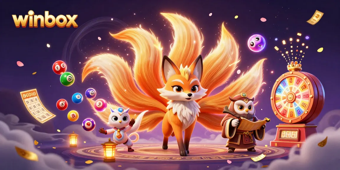 Winbox offers an exciting atmosphere filled with colorful lottery balls, a nine-tailed fox spirit, and vibrant gaming elements.