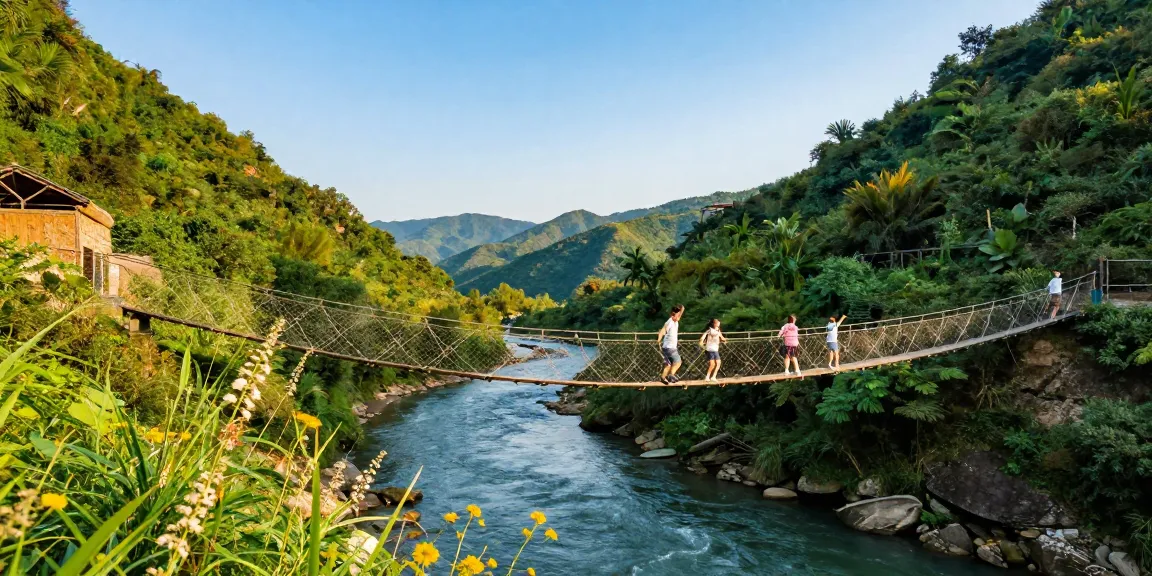 River Rope Bridge crossing a scenic canyon, family enjoying adventure.