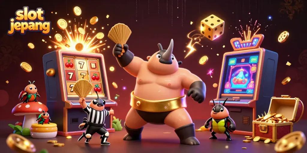 Menangkan slot jepang dengan ilustrasi 3D juara sumo dan mesin slot berkilau yang memancarkan koin