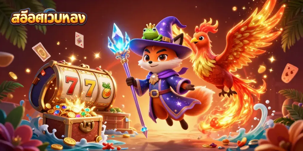 Engage with สล็อตเว็บตรง in a vibrant slot-themed fantasy scene featuring a wizard fox and phoenix.