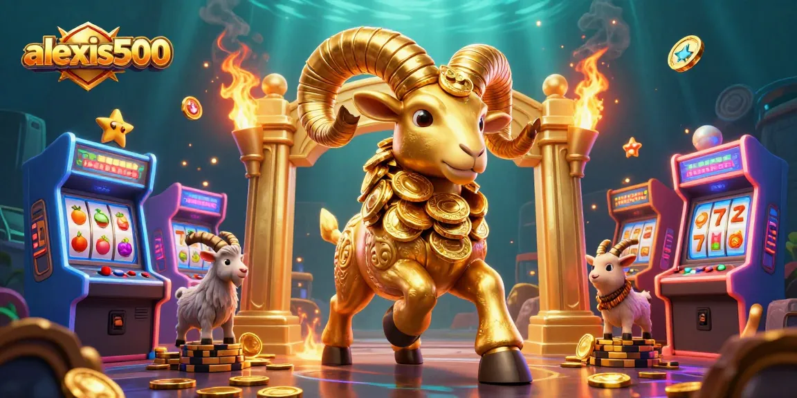 Experience thrilling gameplay with alexis500's vibrant 3D cartoon casino scene featuring a golden ram and arcade elements.