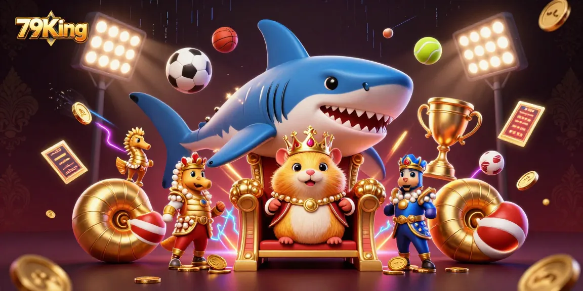 Bet on thrilling moments with 79King while enjoying captivating illustration of a golden king amidst dynamic casino symbols.