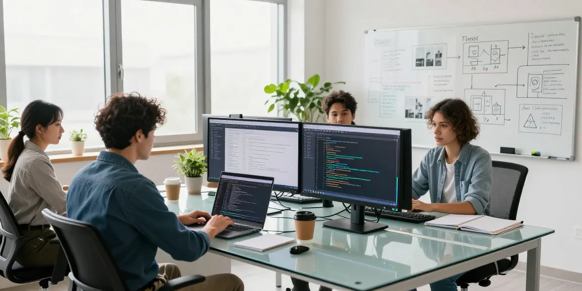Team collaborating in a modern workspace focused on AI image detector technology development and analysis.