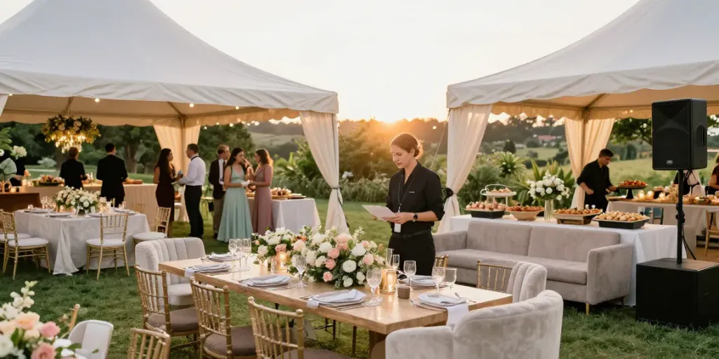 Elegant outdoor wedding event rentals setup featuring luxury tents and premium décor.