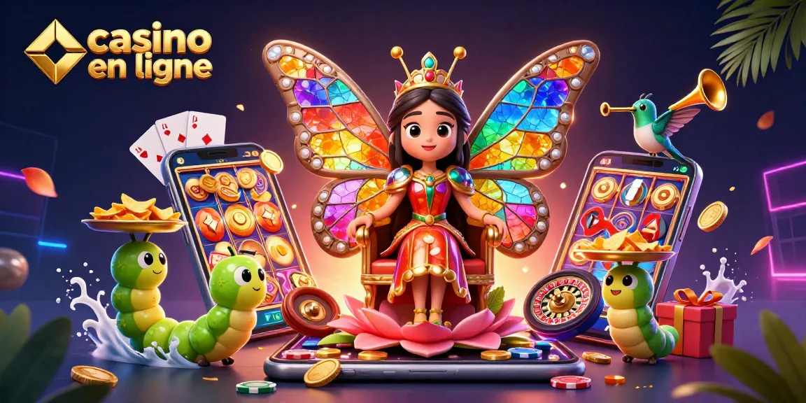 Célébrez le casino en ligne avec une reine papillon et des éléments de jeu fascinants, comme des jetons et des cartes.