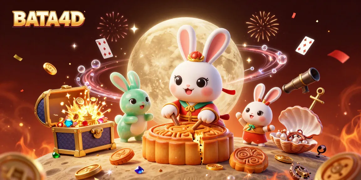 BATA4D moon rabbit cracking mooncakes revealing poker chips in a vibrant casino scene.