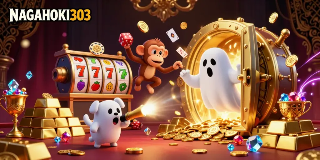 Permainan kasino NAGAHOKI303 yang menampilkan hantu nakal dan anjing pemburu hantu dalam suasana hantu.