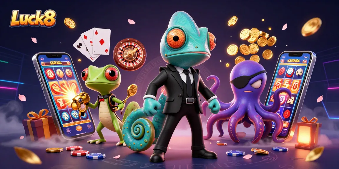 Luck8 showcases a vibrant casino scene with a chameleon, gecko, and octopus amid colorful slot games.