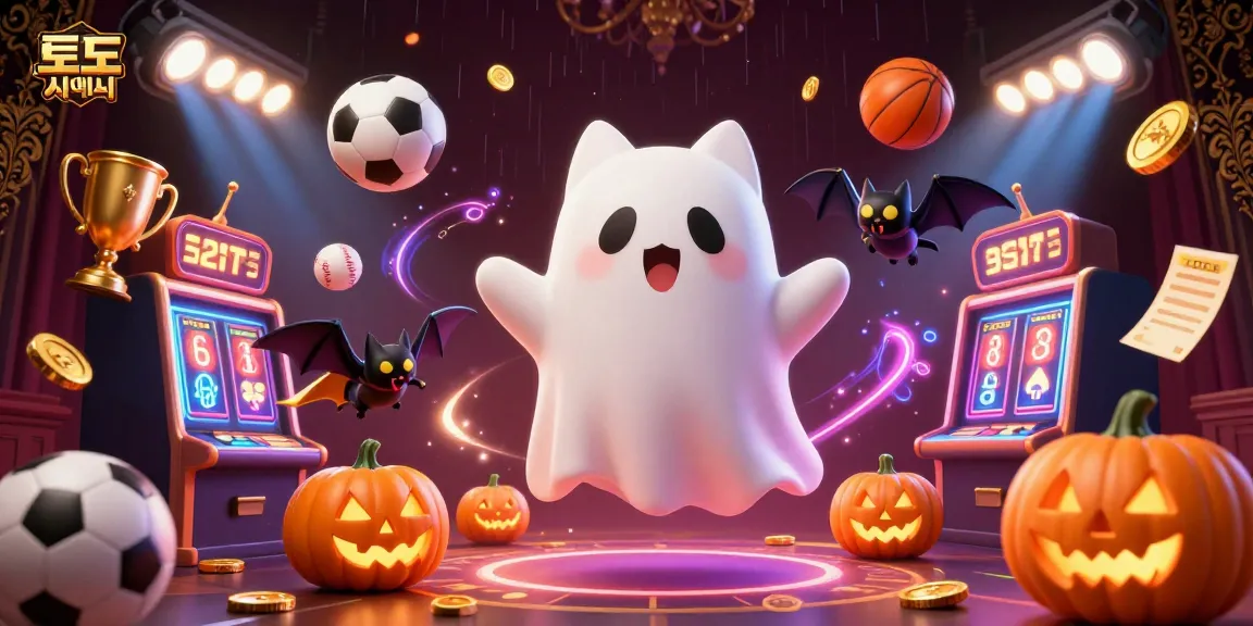 Experience thrilling 토토사이트 selection with a ghost cat and vampire bat in a haunted casino scene.