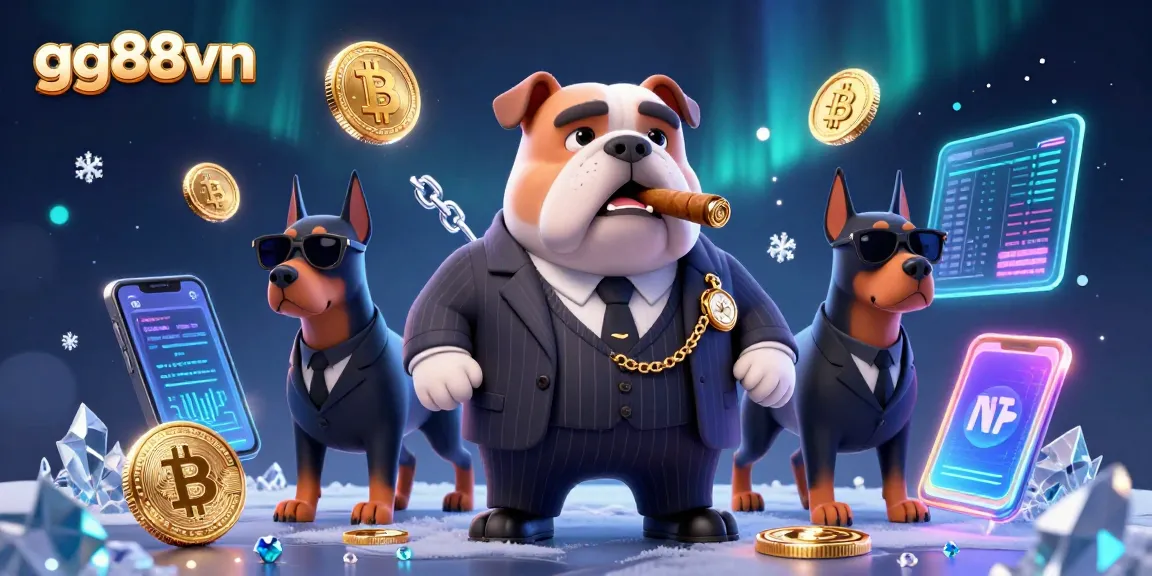 Experience thrilling gameplay at gg88vn, showcased by a mafia bulldog surrounded by glowing crypto coins.