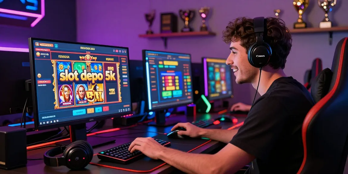 Energetic scene of a player engaging in slot depo 5k online gaming with vibrant interface and gaming accessories.
