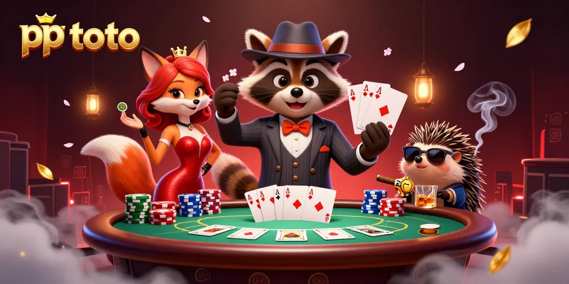 Experience thrilling gameplay with pp toto, featuring a raccoon in a pinstripe suit holding a royal flush at a vibrant poker table.
