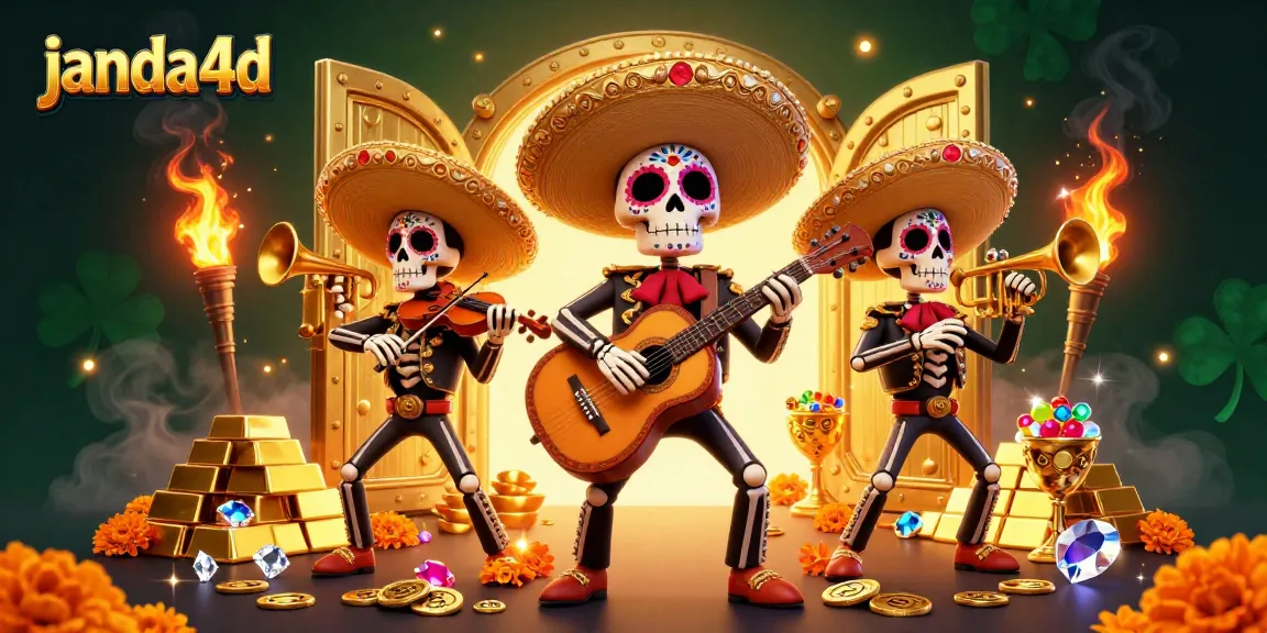 janda4d menampilkan band mariachi dengan kerangka, berlatar belakang kasino, menghidupkan suasana permainan.