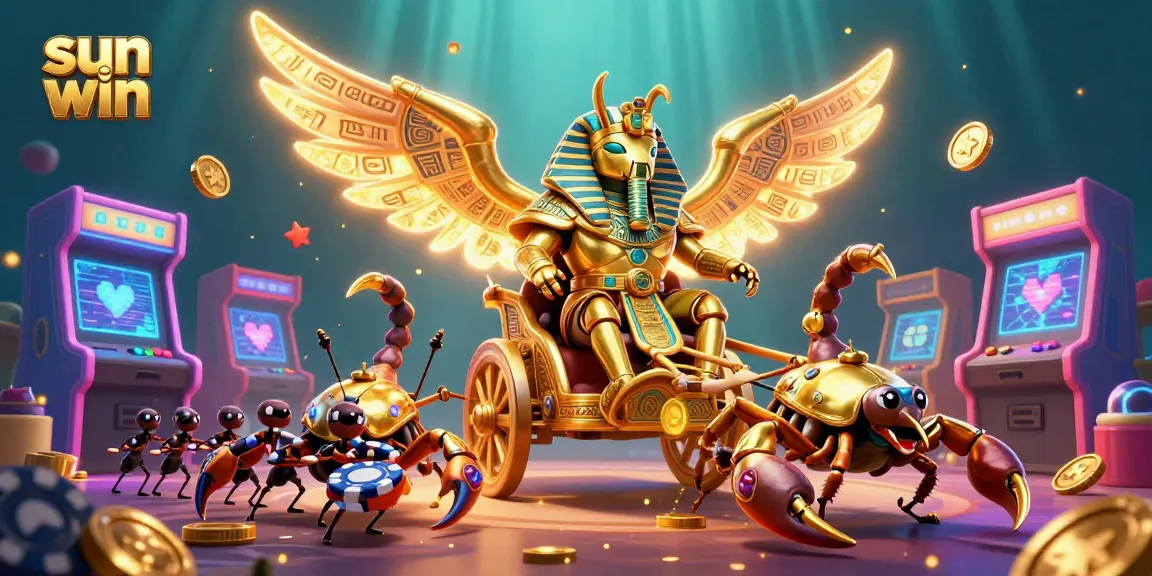 Experience the thrilling world of sun win with a vibrant illustration showcasing casino-themed characters and elements.