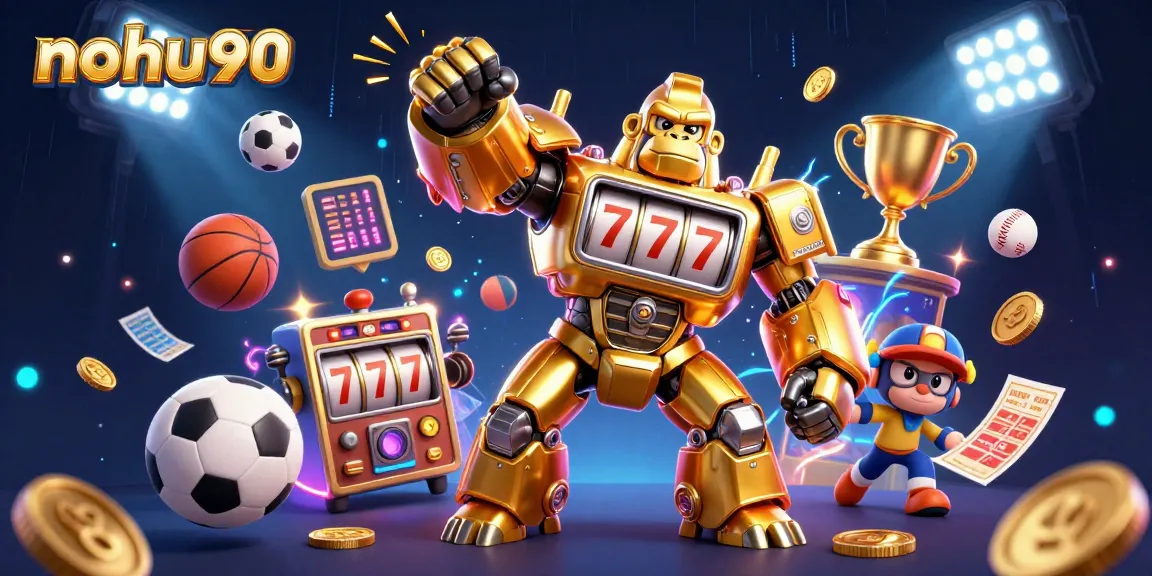 Nohu90's exciting gaming experience showcases a golden gorilla mech, sports balls, and vibrant casino elements.