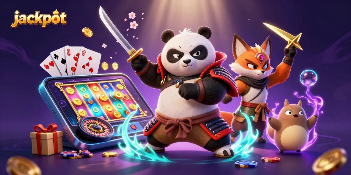 Experience the thrill of jackpot with a fearless samurai panda and a ninja fox in a vibrant casino scene.
