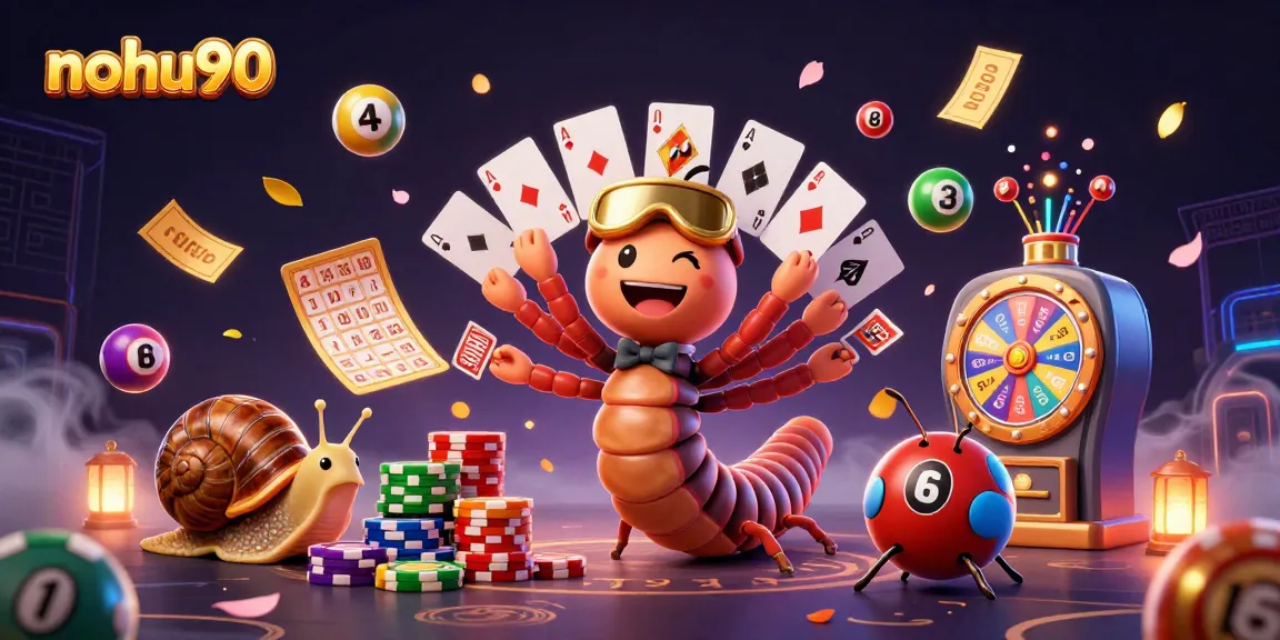 Nohu90 engages players with dynamic casino action featuring colorful lottery balls, a high-roller snail, and an excited pill bug.