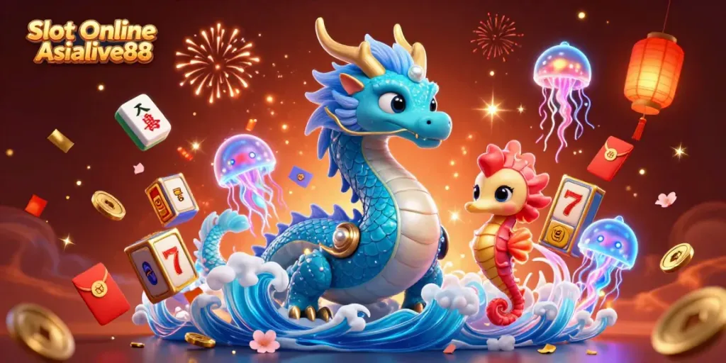 Join the excitement of Slot Online Asialive88 with animated casino characters and festive symbols in a vibrant 3D scene.