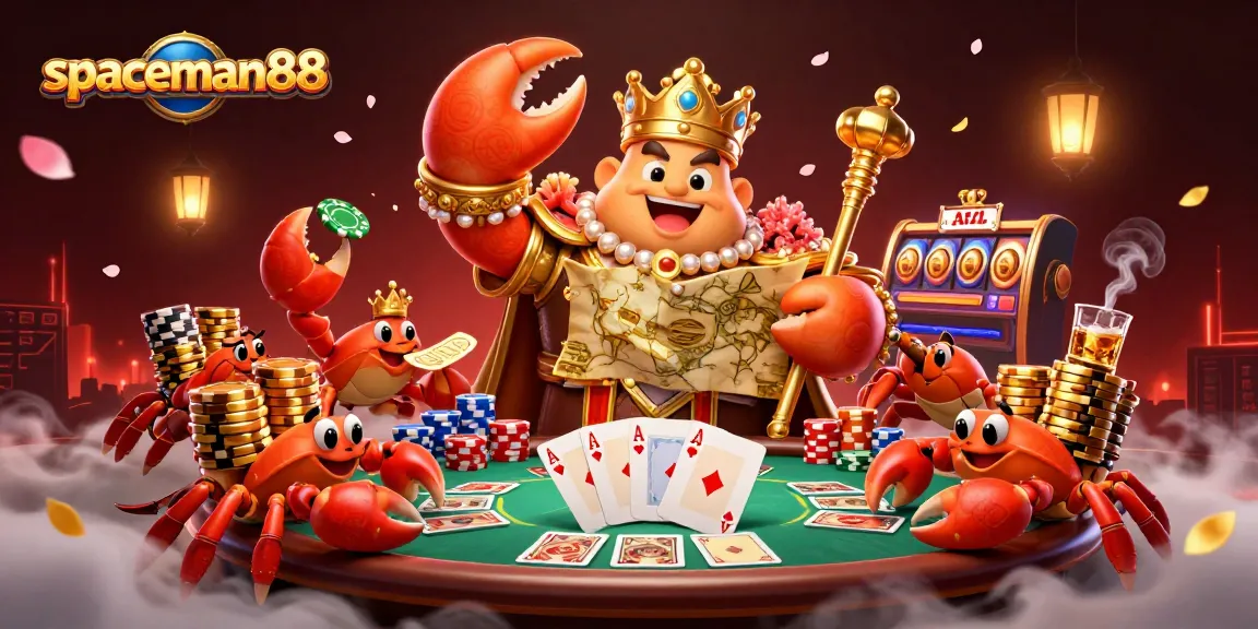 Experience the thrill of spaceman88 with a golden crab emperor and vibrant poker scene