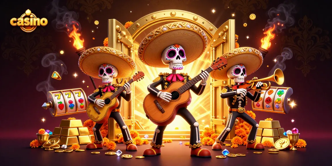 Experience the vibrant energy of a casino scene featuring playful skeleton mariachi musicians.