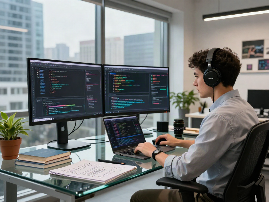 Workspace showcasing AI detection algorithms analysis in a modern office environment with dual monitors and vibrant decor.