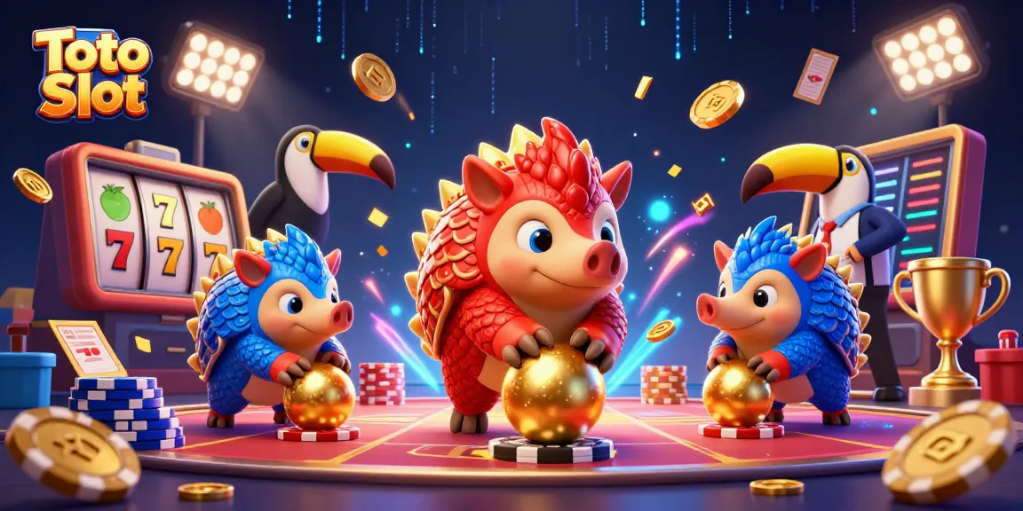 Pemain Toto Slot beraksi dengan pangolins bersaing di atas tumpukan chip poker dan simbol keberuntungan.