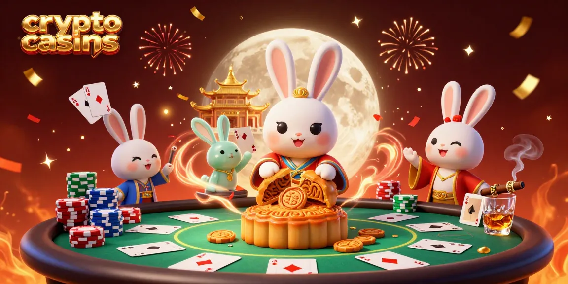 Découvrez les crypto casinos avec un thème ludique, montrant un lapin de lune et des jetons de poker.